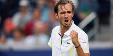 Daniil Medvedev of Russia reacts to his point against Dominik Koepfer of Germany in their Round Four Men's Singles tennis match during the 2019 US Open at the USTA Billie Jean King National Tennis Center in New York on September 1, 2019. (Photo by DOMINICK REUTER / AFP)