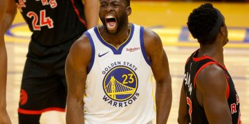 SAN FRANCISCO, CALIFORNIA - JANUARY 10:  Draymond Green #23 of the Golden State Warriors reacts after he made a basket and was fouled during their game against the Toronto Raptors at Chase Center on January 10, 2021 in San Francisco, California. NOTE TO USER: User expressly acknowledges and agrees that, by downloading and or using this photograph, User is consenting to the terms and conditions of the Getty Images License Agreement.  (Photo by Ezra Shaw/Getty Images)