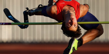 MESA, ARIZONA - MAY 30: Ezra Frech competes in the Men High Jump T45/46/63/64 Ambulatory T46 finals during the Desert Challenge Games at Westwood High School on May 30, 2021 in Mesa, Arizona. (Photo by Christian Petersen/Getty Images)