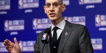 epa08220888 Commissioner of the NBA Adam Silver speaks at a press conference during the NBA All Star weekend at the United Center in Chicago, Illinois, USA, 15 February 2020. The NBA All Star game will be played 16 February.  EPA/NUCCIO DINUZZO SHUTTERSTOCK OUT SHUTTERSTOCK OUT