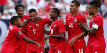 CLEVELAND, OH - JUNE 22:  Gabriel Torres #9 of Panama is congratulated by his teammates after scoring a goal during the second half of the CONCACAF Gold Cup Group D match against Guyana at FirstEnergy Stadium on June 22, 2019 in Cleveland, Ohio. Panama defeated Guyana 4-2. (Photo by Kirk Irwin/Getty Images)