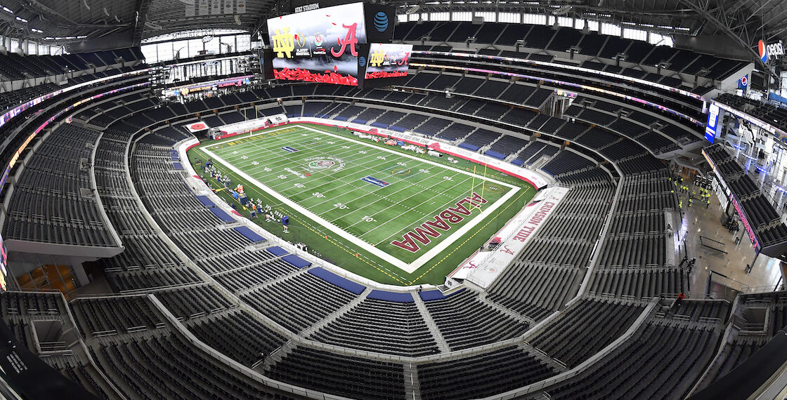 ARLINGTON, TEXAS - JANUARY 01: A general interior view of AT&T Stadium before the College Football Playoff Semifinal at the Rose Bowl football game between the Alabama Crimson Tide and the Notre Dame Fighting Irish on January 01, 2021 in Arlington, Texas. (Photo by Alika Jenner/Getty Images)