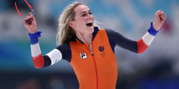 BEIJING, CHINA - FEBRUARY 10: Irene Schouten of Team Netherlands celebrates after winning the Gold medal in a new Olympic record time of 6:43.51 during the Women's 5000m on day six of the Beijing 2022 Winter Olympics at National Speed Skating Oval on February 10, 2022 in Beijing, China. (Photo by Dean Mouhtaropoulos/Getty Images)