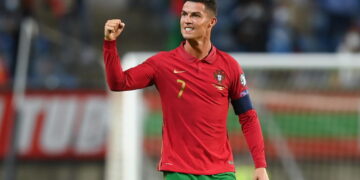 Faro , Portugal - 1 September 2021; Cristiano Ronaldo of Portugal celebrates following the FIFA World Cup 2022 qualifying group A match between Portugal and Republic of Ireland at Estádio Algarve in Faro, Portugal. (Photo By Stephen McCarthy/Sportsfile via Getty Images)