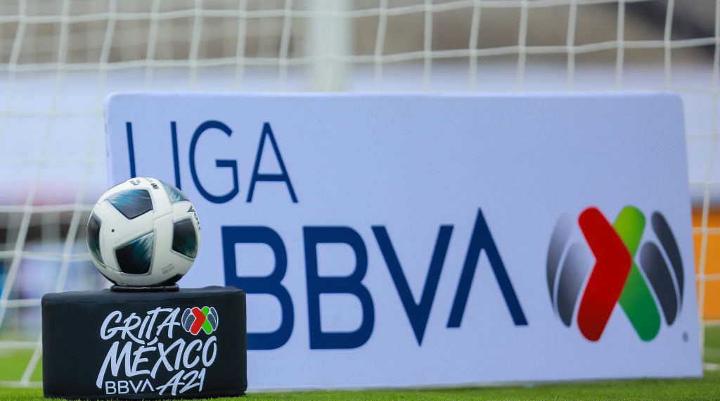 MEXICO CITY, MEXICO - SEPTEMBER 12: Detail of a banner with the logo of Liga BBVA during the 8th round match between Pumas UNAM and Chivas as part of the Torneo Grita Mexico A21 Liga MX at Olimpico Universitario Stadium on September 12, 2021 in Mexico City, Mexico. (Photo by Manuel Velasquez/Getty Images)