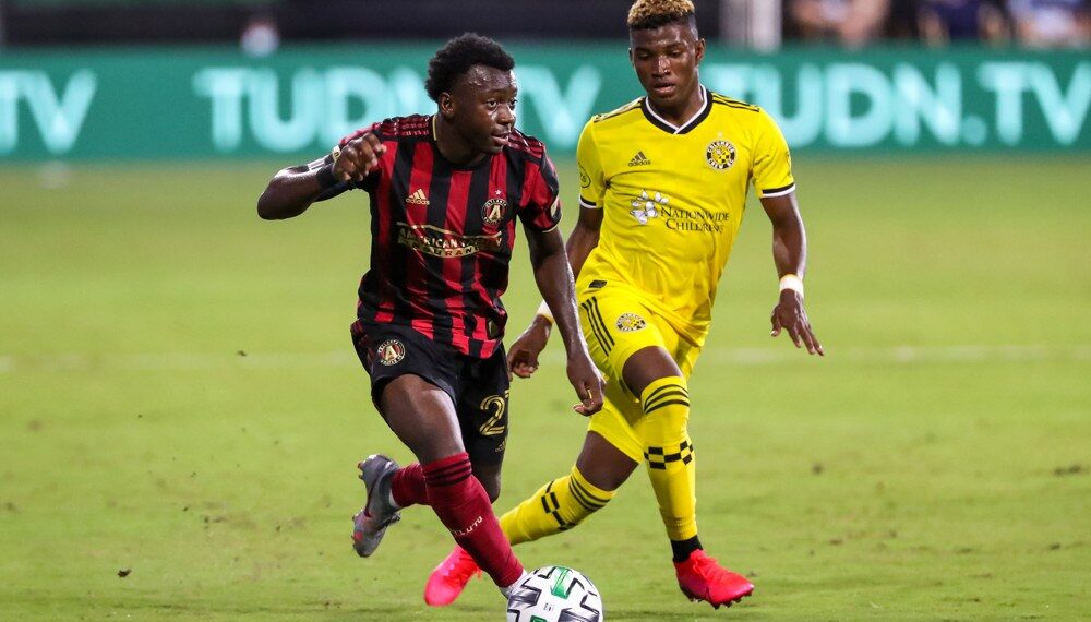 July 21, 2020: Atlanta United defender GEORGE BELLO (21) competes for the ball against Columbus Crew midfielder LUIS DIAZ (12) during the MLS is Back Tournament Atlanta United vs Columbus Crew SC match at ESPN Wide World of Sports Complex in Orlando, Fl on July 21, 2020. (Photo by Cory Knowlton/Zuma Press/Icon Sportswire)