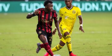 July 21, 2020: Atlanta United defender GEORGE BELLO (21) competes for the ball against Columbus Crew midfielder LUIS DIAZ (12) during the MLS is Back Tournament Atlanta United vs Columbus Crew SC match at ESPN Wide World of Sports Complex in Orlando, Fl on July 21, 2020. (Photo by Cory Knowlton/Zuma Press/Icon Sportswire)