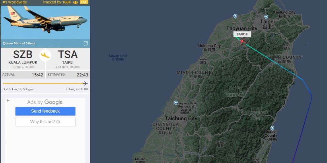 El Boeing C-40 de la Fuerza Aérea de los Estados Unidos que traslada a Nancy Pelosi a Taiwán ya sobrevuela la isla (Fuente: FlightRadar24)