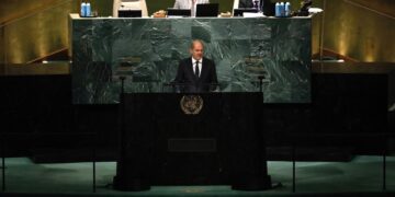 El canciller de Alemania, Olaf Scholz, fue registrado este martes, 20 de septiembre, durante su intervención en la 77 Asamblea General de las Naciones Unidas, en la sede de la ONU, en Nueva York (NY, EE.UU.). EFE/Peter Foley