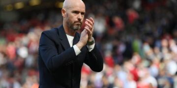 MANCHESTER, ENGLAND - AUGUST 07: Manchester United manager Erik ten Hag looks on during the Premier League match between Manchester United and Brighton & Hove Albion at Old Trafford on August 07, 2022 in Manchester, England. (Photo by Michael Regan/Getty Images)