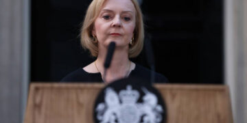La primera ministra, Liz Truss, declarando sobre el fallecimiento de Isabel II (Créditos: Getty Images)