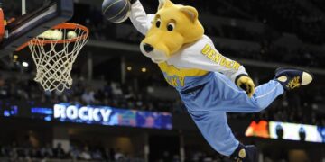 Denver Nuggets Mascot Rocky entertains the crowd during the Nuggets Blazers game at Pepsi Center.  John Leyba, The Denver Post