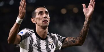 Juventus' Argentinian forward Angel Di Maria celebrates after opening the scoring during the Italian Serie A football match between Juventus and Sassuolo on August 15, 2022 at the Juventus stadium in Turin. (Photo by Marco BERTORELLO / AFP) (Photo by MARCO BERTORELLO/AFP via Getty Images)