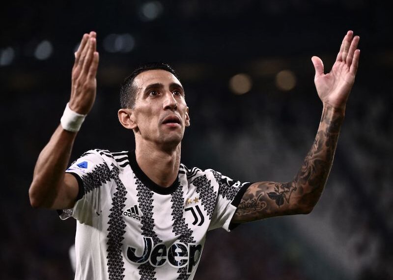 Juventus' Argentinian forward Angel Di Maria celebrates after opening the scoring during the Italian Serie A football match between Juventus and Sassuolo on August 15, 2022 at the Juventus stadium in Turin. (Photo by Marco BERTORELLO / AFP) (Photo by MARCO BERTORELLO/AFP via Getty Images)