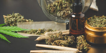Marijuana buds with marijuana joints and Cannabis oil