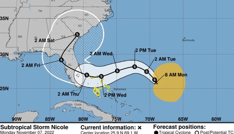 Trayectoria de la tormenta subtropical Nicole, según el Centro Nacional de Huracanes. (NOAA)