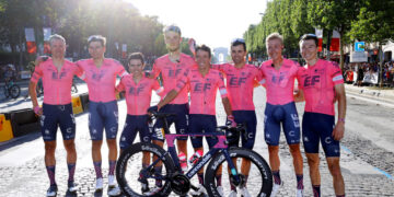 PARIS, FRANCE - JULY 18: Sergio Higuita of Colombia, Rigoberto Urán of Colombia, Magnus Cort of Denmark, Neilson Powless of The United States, Stefan Bissegger of Switzerland, Michael Valgren of Denmark, Ruben Guerreiro of Portugal, Jonas Rutsch of Germany and Team EF Education - Nippo celebrates at arrival during the 108th Tour de France 2021, Stage 21 a 108,4km stage from Chatou to Paris Champs-Élysées / @LeTour / #TDF2021 / on July 18, 2021 in Paris, France. (Photo by Tim de Waele/Getty Images)