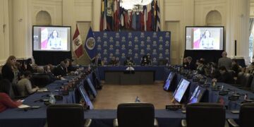 La presidenta peruana, Dina Boluarte habla durante una intervención virtual ante el Consejo Permanente de la Organización de Estados Americanos (OEA), el 25 de enero de 2023, en la sede del organismo en Washington (Foto: EFE)