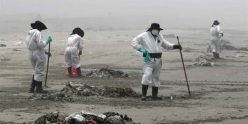 Fotografía de archivo, tomada en enero de 2022, en la que se registró a operarios al limpiar una playa afectada por un derrame de crudo, en el distrito de Ventanilla, en Lima (Perú). EFE/Paolo Aguilar
