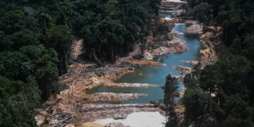 Vista aérea de la destrucción causada por la minería ilegal en la Floresta Ambiental de Altamira, durante una operación de las autoridades brasileñas contra este flagelo (Foto: EFE)