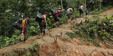 Migrantes suben una montaña con la intención de llegar a Panamá, en el peligroso Tapón del Darién, Colombia (Foto: EFE)