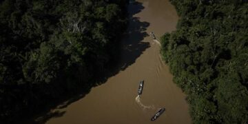 Fotografía de canoas de mineros ilegales en el río Uraricoera, una de las principales rutas de salida para los mineros ilegales que abandonan la reserva yanomami, el 7 de febrero de 2023, en Puerto del Arame, Villa de Paredao, en Alto Alegre, Brasil (Foto: EFE)