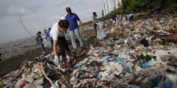 Fotografía de archivo en la que se registró a un grupo de voluntarios durante una jornada de limpieza de plásticos en las playas de un sector de la Bahía de Panamá (Foto: EFE)