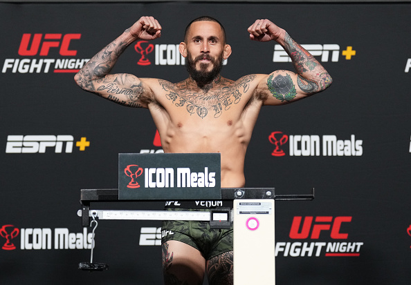LAS VEGAS, NEVADA - APRIL 29: Marlon Vera of Ecuador poses on the scale during the UFC weigh-in at UFC APEX on April 29, 2022 in Las Vegas, Nevada. (Photo by Chris Unger/Zuffa LLC)