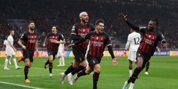 MILAN, ITALY - FEBRUARY 14: Brahim Diaz of AC Milan celebrates after scoring the team's first goal during the UEFA Champions League round of 16 leg one match between AC Milan and Tottenham Hotspur at Giuseppe Meazza Stadium on February 14, 2023 in Milan, Italy. (Photo by Catherine Ivill/Getty Images)