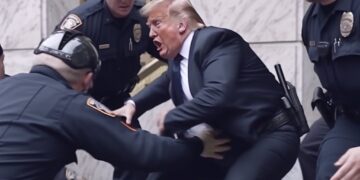 Imágenes hechas por Inteligencia Artificial que muestran a Donald Trump siendo arrestado. Foto: Twitter/@EliotHiggins