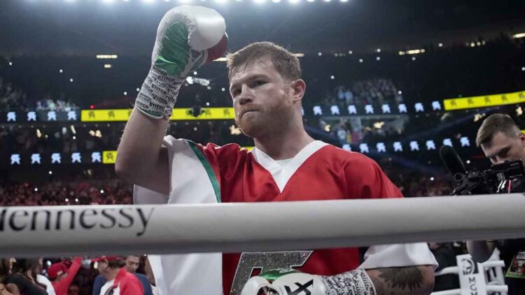 Canelo Alvarez steps into the ring prior to his super middleweight title boxing match against the Gennady Golovkin, Saturday, Sept. 17, 2022, in Las Vegas. (AP Photo/John Locher)