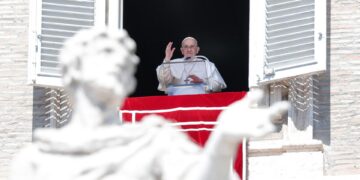 Pope Francis leads Regina Coeli prayer from the window of his office at Saint Peter's square, Vatican City, 10 April 2023. (Papa) EFE/EPA/GIUSEPPE LAMI