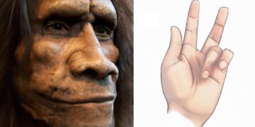 Ilustración de un neandertal y esquema del dedo anular bloqueado en posición doblada, como se observa en la enfermedad de Dupuytren, conocida coloquialmente como "enfermedad del vikingo". Imagen de Hugo Zeberg, facilitada por el Instituto Karolinska.