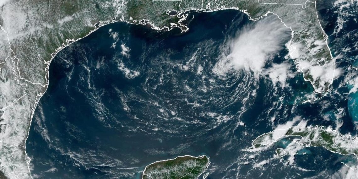 Fotografía cedida por la Oficina Nacional de Administración Oceánica y Atmosférica (NOAA) donde se muestra la localización de la tormenta tropical Arlene, hoy, en el Golfo de México. EFE/NOAA