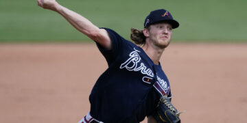 Atlanta Braves starting pitcher Mike Soroka (40) delivers in the sixth inning of a spring training baseball game against the Boston Red Sox on Tuesday, March 30, 2021, in Fort Myers, Fla. Soroka was making his first appearance of the spring after tearing his Achilles tendon last August. (AP Photo/John Bazemore)