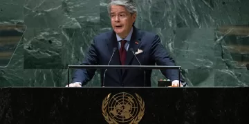 El presidente de Ecuador, Guillermo Lasso, habla ante la Asamblea General de la ONU, este 20 de septiembre de 2023, en Nueva York. EFE/Adam Gray