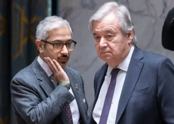 António Guterres (derecha) con el representante adjunto de Emiratos, Mohamed Abushahab, este viernes durante la reunión del Consejo de Seguridad. JUSTIN LANE (EFE)