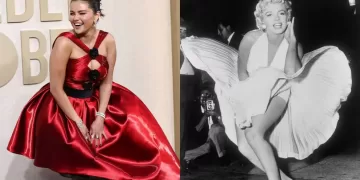 Selena Gomez sujetó su vestido Armani mientras el viento soplaba, recordando la histórica fotografía de Marilyn Monroe (REUTERS/Mike Blake)
