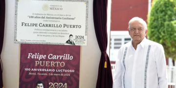 AMLO en conmemoración del 100 aniversario luctuoso de Felipe Carrillo Puerto. Foto de @rosaicela_