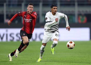 Filippo Terracciano of Ac Milan and Ibrahim Salah of Stade Rennais Fc battle for the ball during the UEFA Europa League 2023/24 Playoff First Leg match between AC Milan and Stade Rennais FC at Stadio Giuseppe Meazza on February 15, 2024 in Milan, Italy. (Photo by sportinfoto/DeFodi Images) - Photo by Icon Sport
