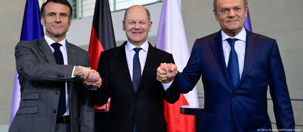 Macron, Scholz y Tusk en Berlín.Imagen: Tobias Schwarz/AFP/Getty Images