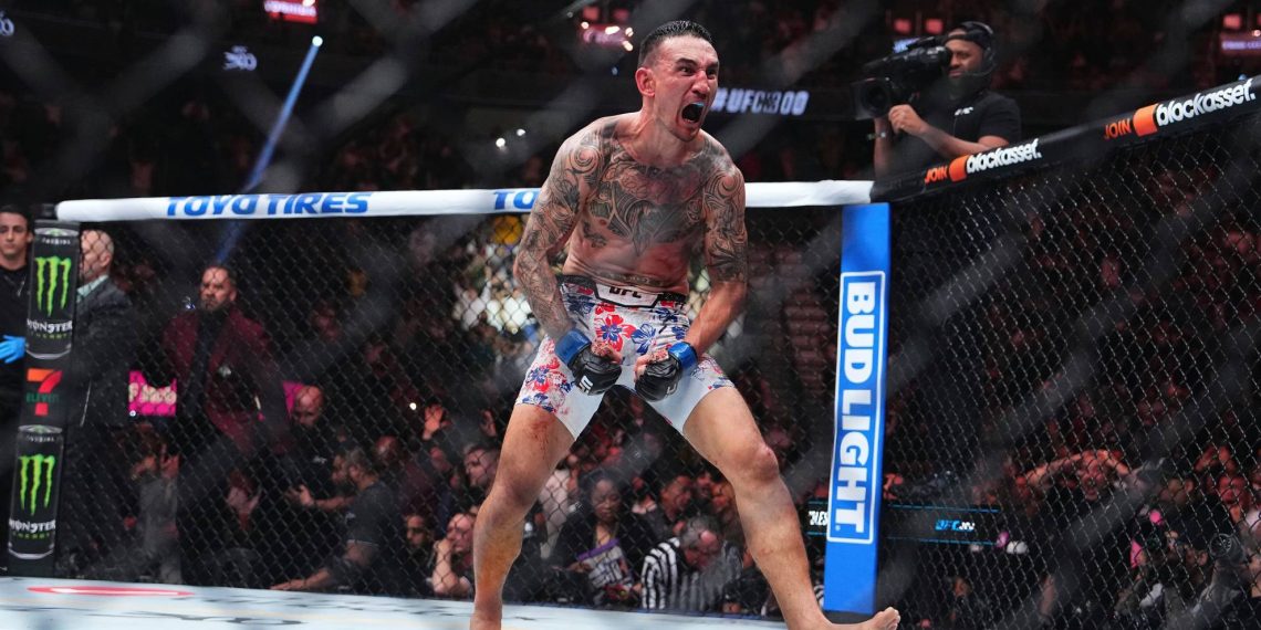 LAS VEGAS, NEVADA - APRIL 13: Max Holloway reacts to the knockout of Justin Gaethje in the BMF championship fight during the UFC 300 event at T-Mobile Arena on April 13, 2024 in Las Vegas, Nevada. (Photo by Chris Unger/Zuffa LLC via Getty Images)